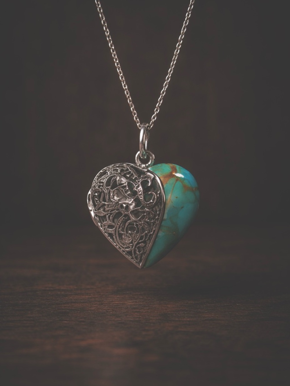 925 Silver Turquoise Heart Locket Necklace | Filigree